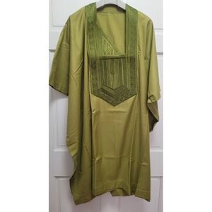 Men's Islamic Embroidered Kaftan Thobe - Open Sides - Olive Green - One Size